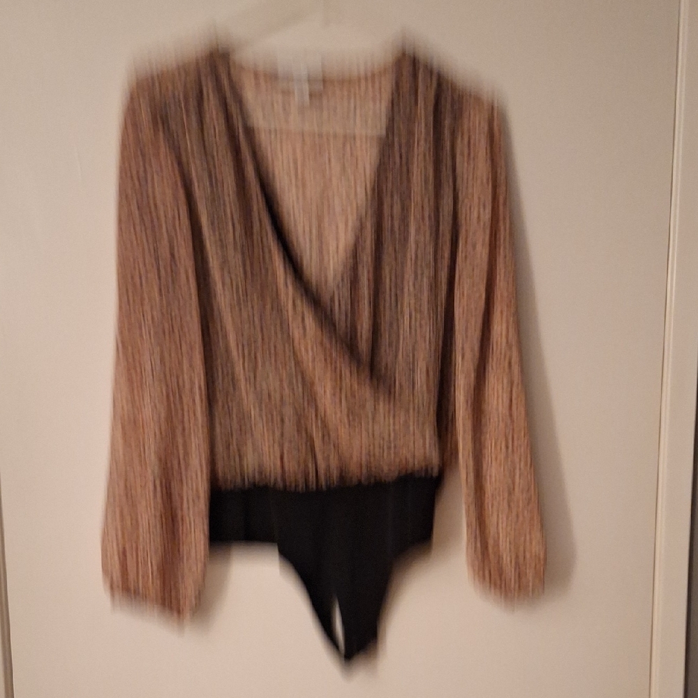 Bar III V-Neck Sweater Bodysuit in Tan and Black
